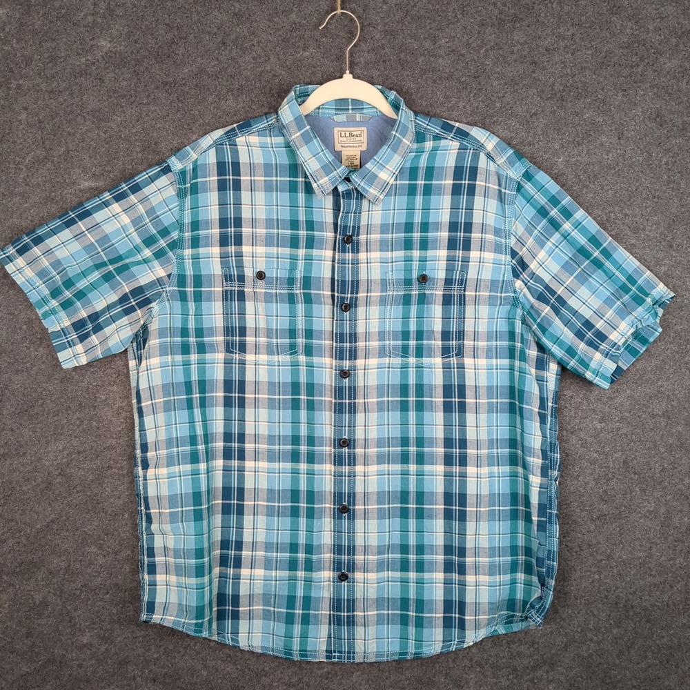 LL Bean Traditional Fit Short Sleeve Plaid Shirt Men‎ L-Reg Cotton Linen Tencel - Picture 2 of 12